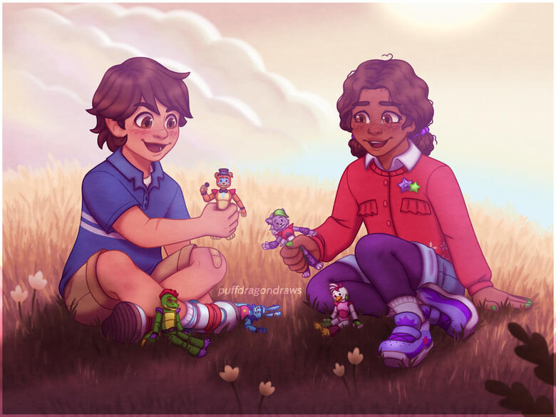 Two kids playing together with toy figures on a hillside.