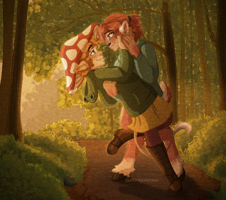 Two magical beings dancing together in a sunlit forest.