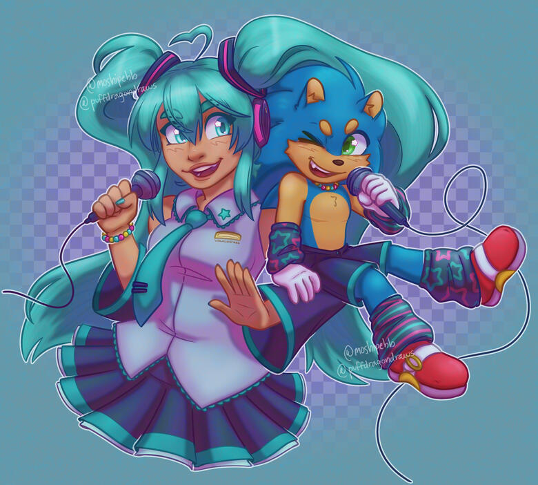 Two blue friends singing together.